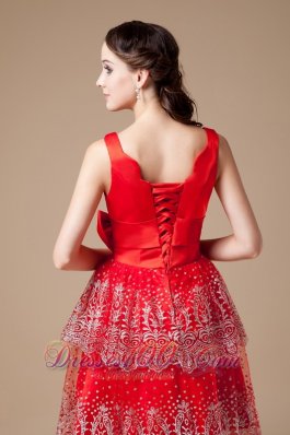 V-neck Red Beaded Knee-length Prom Dress layered