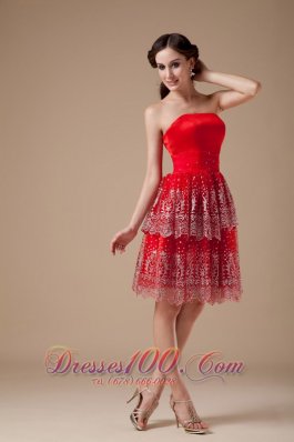Taffeta Red Knee-length Prom Dress Strapless Beadwork