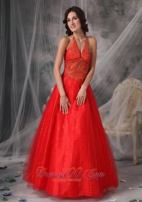 Halter Tulle Red Prom Dress with Beading Appliques