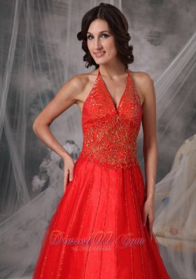 Halter Tulle Red Prom Dress with Beading Appliques