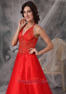 Halter Tulle Red Prom Dress with Beading Appliques