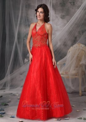 Halter Tulle Red Prom Dress with Beading Appliques