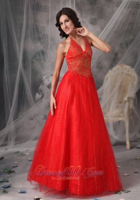 Halter Tulle Red Prom Dress with Beading Appliques