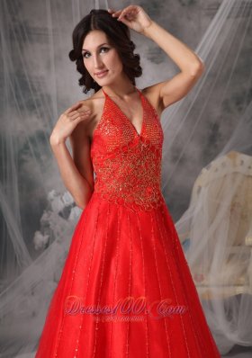 Halter Tulle Red Prom Dress with Beading Appliques