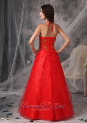 Halter Tulle Red Prom Dress with Beading Appliques