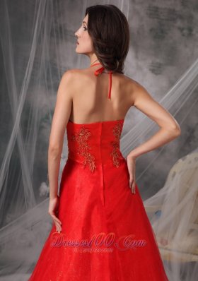 Halter Tulle Red Prom Dress with Beading Appliques