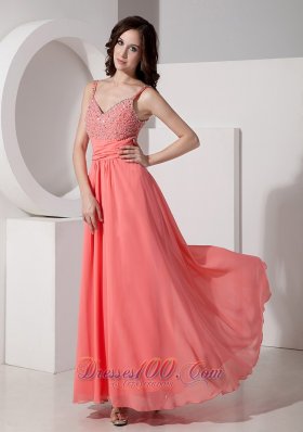 Ankle-length Straps Watermelon Beading Evening Dress