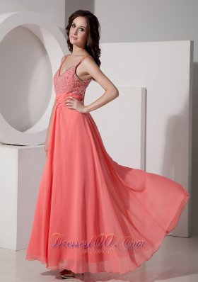 Ankle-length Straps Watermelon Beading Evening Dress