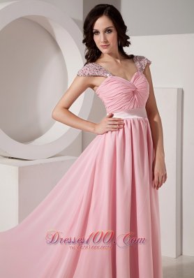 Baby Pink Chiffon Evening Dress Beaded Brush Train