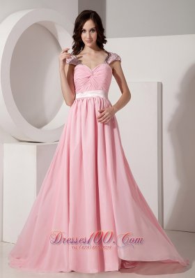 Baby Pink Chiffon Evening Dress Beaded Brush Train