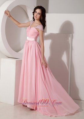 Baby Pink Chiffon Evening Dress Beaded Brush Train