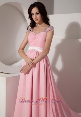 Baby Pink Chiffon Evening Dress Beaded Brush Train