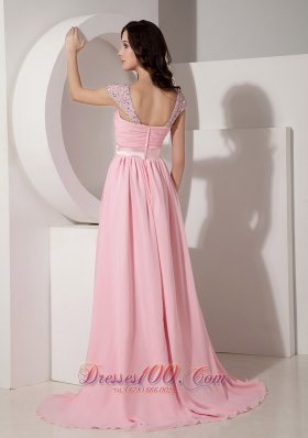 Baby Pink Chiffon Evening Dress Beaded Brush Train