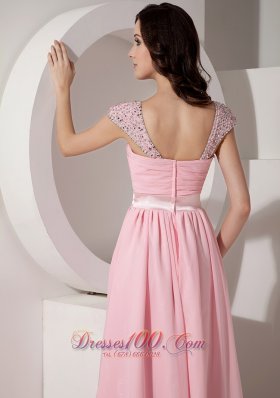 Baby Pink Chiffon Evening Dress Beaded Brush Train