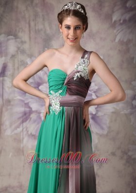 One Shoulder Green Brush Evening Dress with Appliques