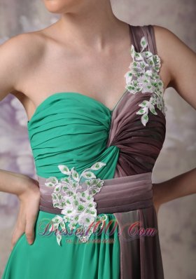 One Shoulder Green Brush Evening Dress with Appliques