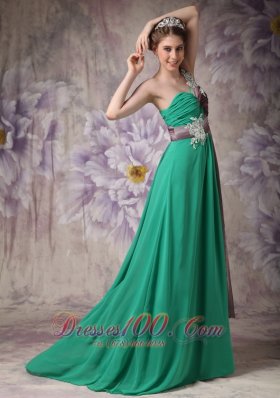 One Shoulder Green Brush Evening Dress with Appliques