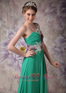 One Shoulder Green Brush Evening Dress with Appliques