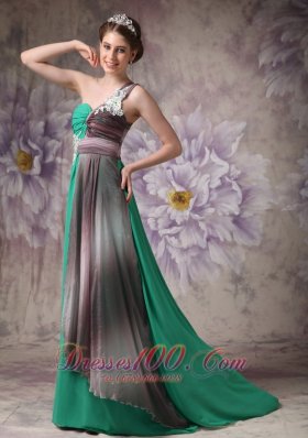 One Shoulder Green Brush Evening Dress with Appliques