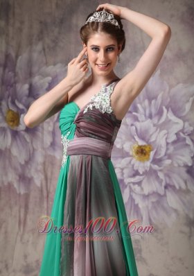 One Shoulder Green Brush Evening Dress with Appliques