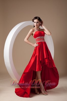 Beading High-low Strapless Prom Dress Red A-line