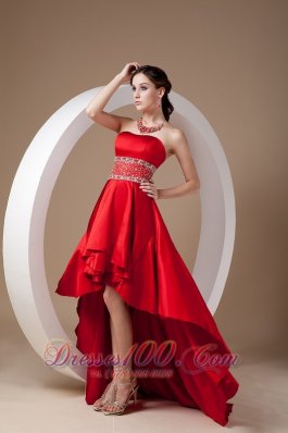 Beading High-low Strapless Prom Dress Red A-line