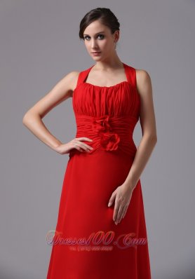 Red Chiffon Ruched Halter Handmade Flowers Prom Dress