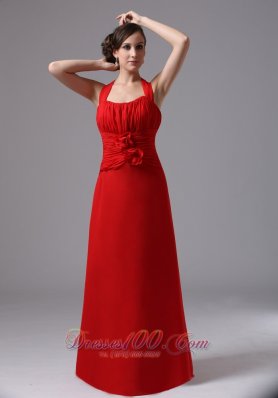 Red Chiffon Ruched Halter Handmade Flowers Prom Dress