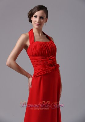 Red Chiffon Ruched Halter Handmade Flowers Prom Dress