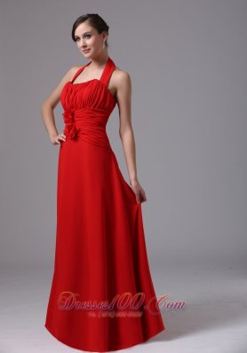 Red Chiffon Ruched Halter Handmade Flowers Prom Dress