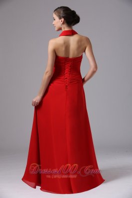 Red Chiffon Ruched Halter Handmade Flowers Prom Dress