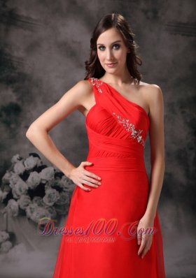 One Shoulder Evening Dress Red Appliques Chiffon