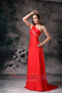 One Shoulder Evening Dress Red Appliques Chiffon