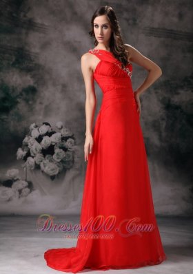 One Shoulder Evening Dress Red Appliques Chiffon