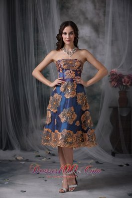 Appliques Taffeta Navy Blue Tea-length Evening Dress