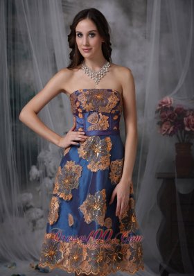 Appliques Taffeta Navy Blue Tea-length Evening Dress