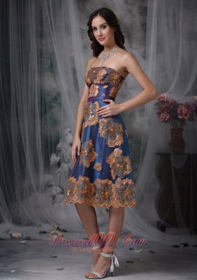 Appliques Taffeta Navy Blue Tea-length Evening Dress