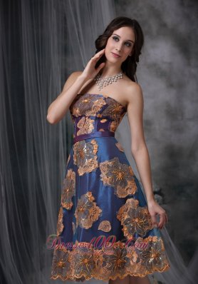 Appliques Taffeta Navy Blue Tea-length Evening Dress