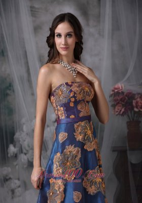 Appliques Taffeta Navy Blue Tea-length Evening Dress