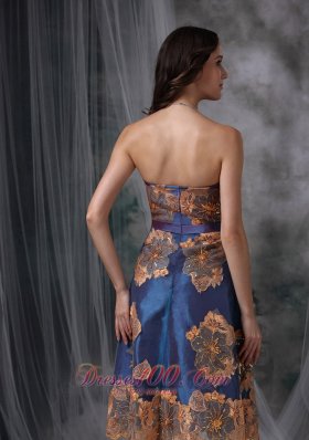 Appliques Taffeta Navy Blue Tea-length Evening Dress