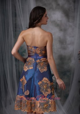 Appliques Taffeta Navy Blue Tea-length Evening Dress