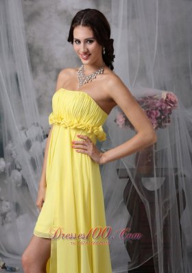 Sheath High-low Yellow Hand Made Flower Prom Dress