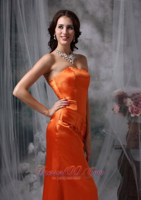 Orange Red Column Satin Ruched Prom Dress Strapless