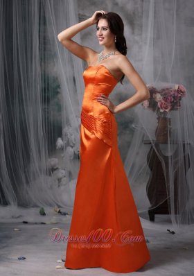 Orange Red Column Satin Ruched Prom Dress Strapless