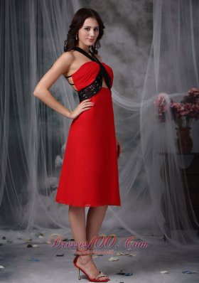 Red V-neck Tea-length Prom Dress with Open Back