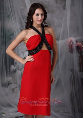 Red V-neck Tea-length Prom Dress with Open Back