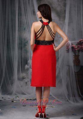 Red V-neck Tea-length Prom Dress with Open Back