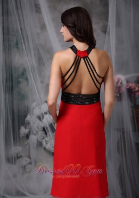 Red V-neck Tea-length Prom Dress with Open Back