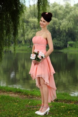 Light Pink Ruffled Mini-length Beaded Homecoming Dress