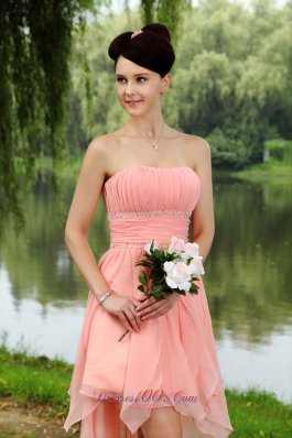 Light Pink Ruffled Mini-length Beaded Homecoming Dress